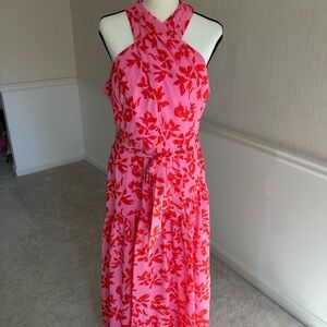 Taylor Pink Red Floral Halter Dress Size 12 Tie Waist Midi Wedding Gue